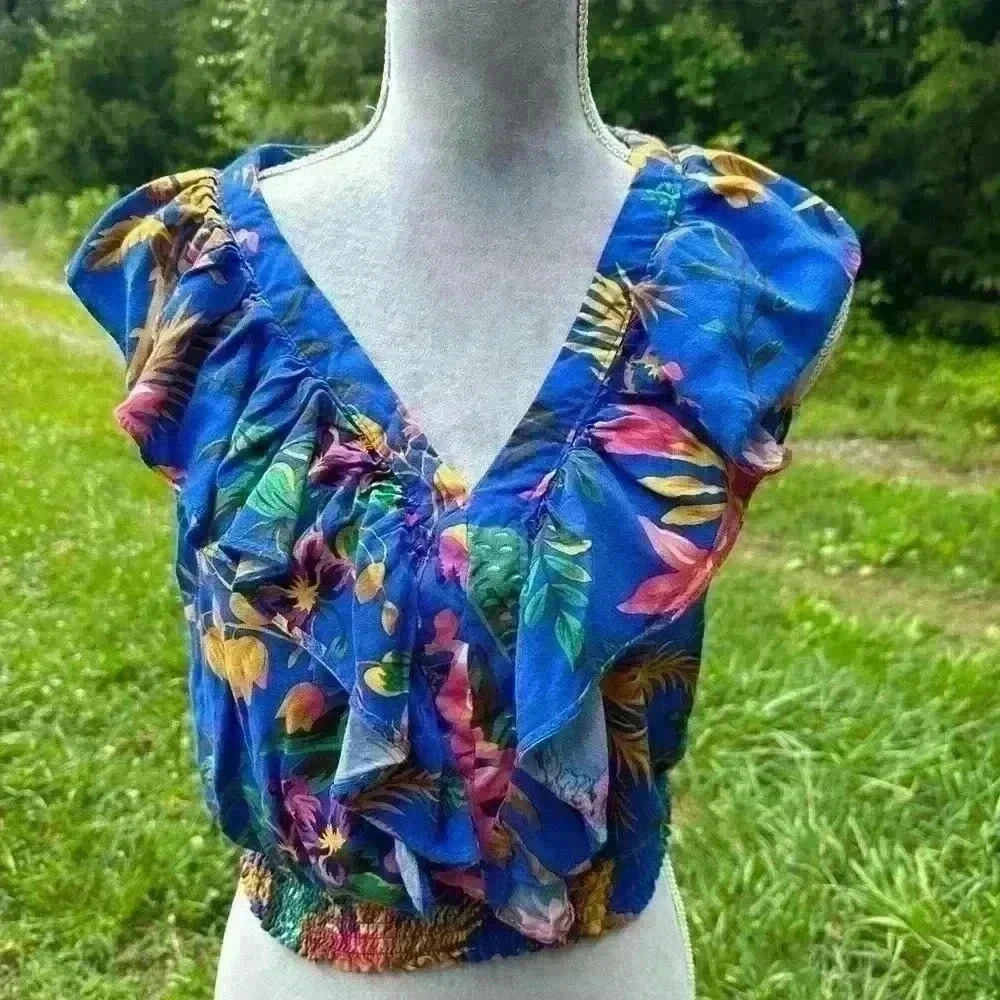 RACHEL Rachel Roy v neck shirt with ruffle and rouched waist. Vibrant blue, pink - Picture 2 of 8